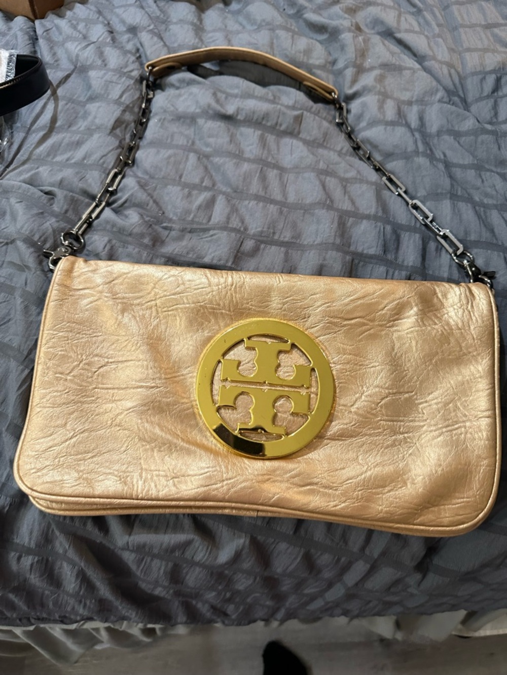 Tory Burch Metallic Gold Leather Shoulder Bag with Logo Medallion